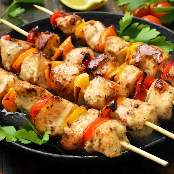 Grilled chicken and bell pepper skewers on a black plate, garnished with parsley and a lime wedge.